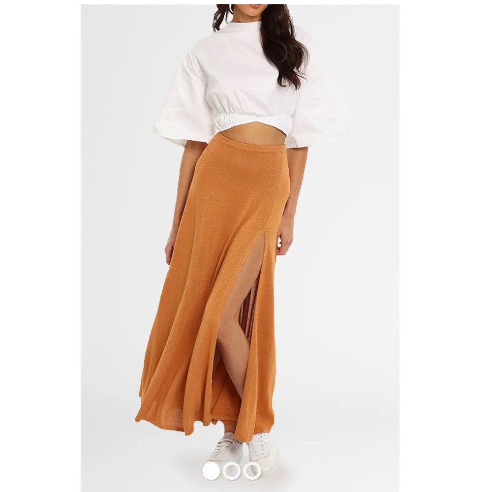 Bec Bridge Indya Knit Maxi Skirt Desert Sun‎ Gold Shimmer Slit Sparkle Party S